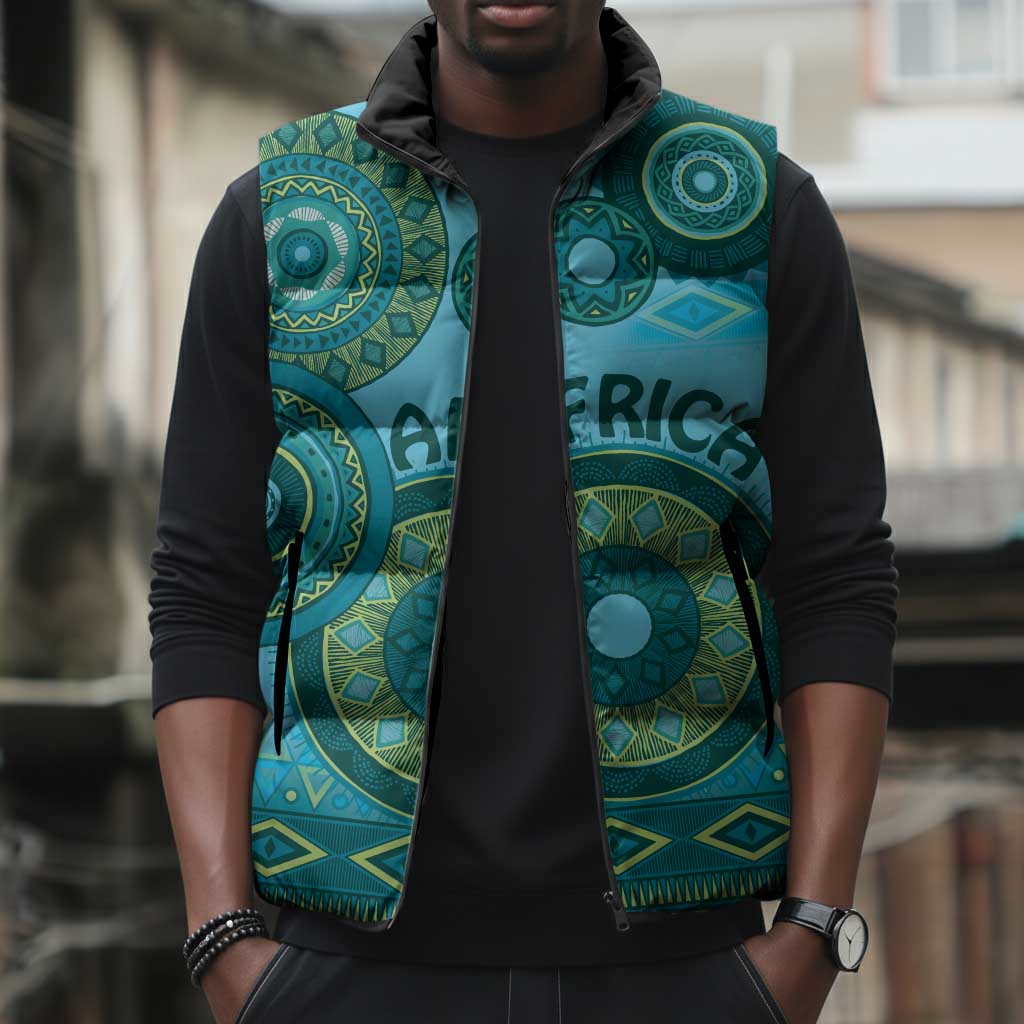 Africa Tribal Traditional Pattern Sleeveless Puffer Jacket Blue Motif