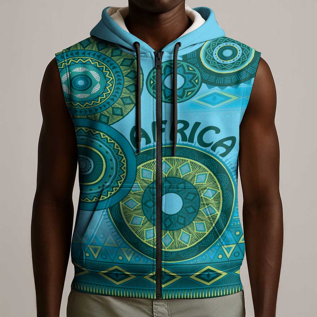 Afro Tribal Traditional Pattern Sleeveless Zip Hoodie Blue Motif - African Pride