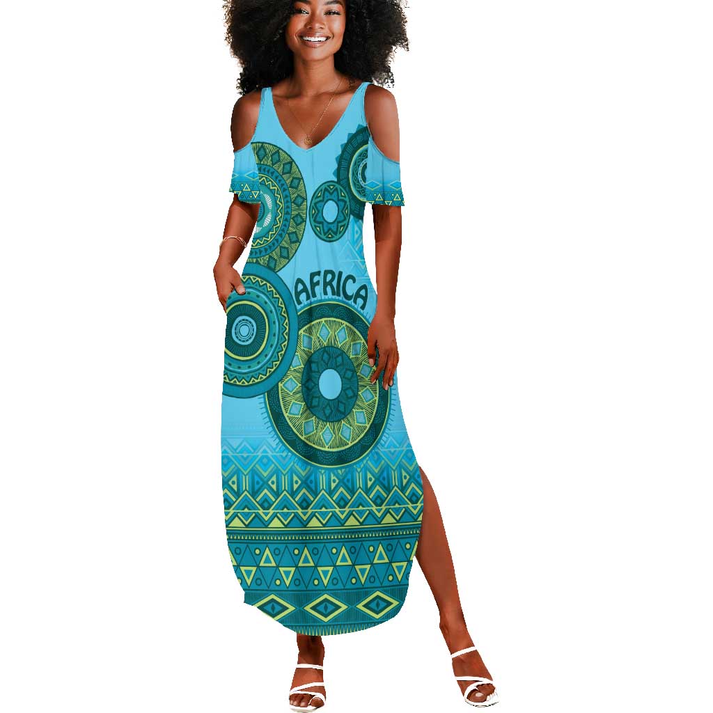 Afro Tribal Traditional Pattern Summer Maxi Dress Blue Motif