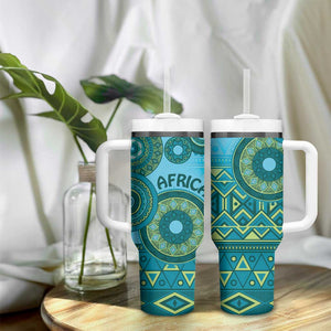 Afro Tribal Traditional Pattern Tumbler With Handle Blue Motif