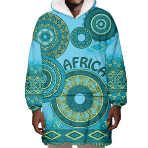 Afro Tribal Traditional Pattern Wearable Blanket Hoodie Blue Motif