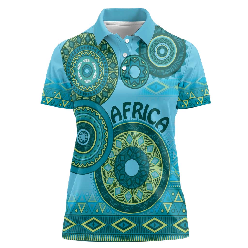 Afro Tribal Traditional Pattern Women Polo Shirt Blue Motif