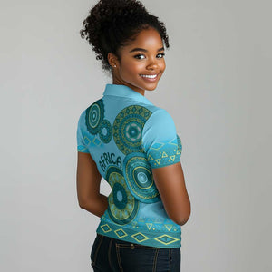 Afro Tribal Traditional Pattern Women Polo Shirt Blue Motif