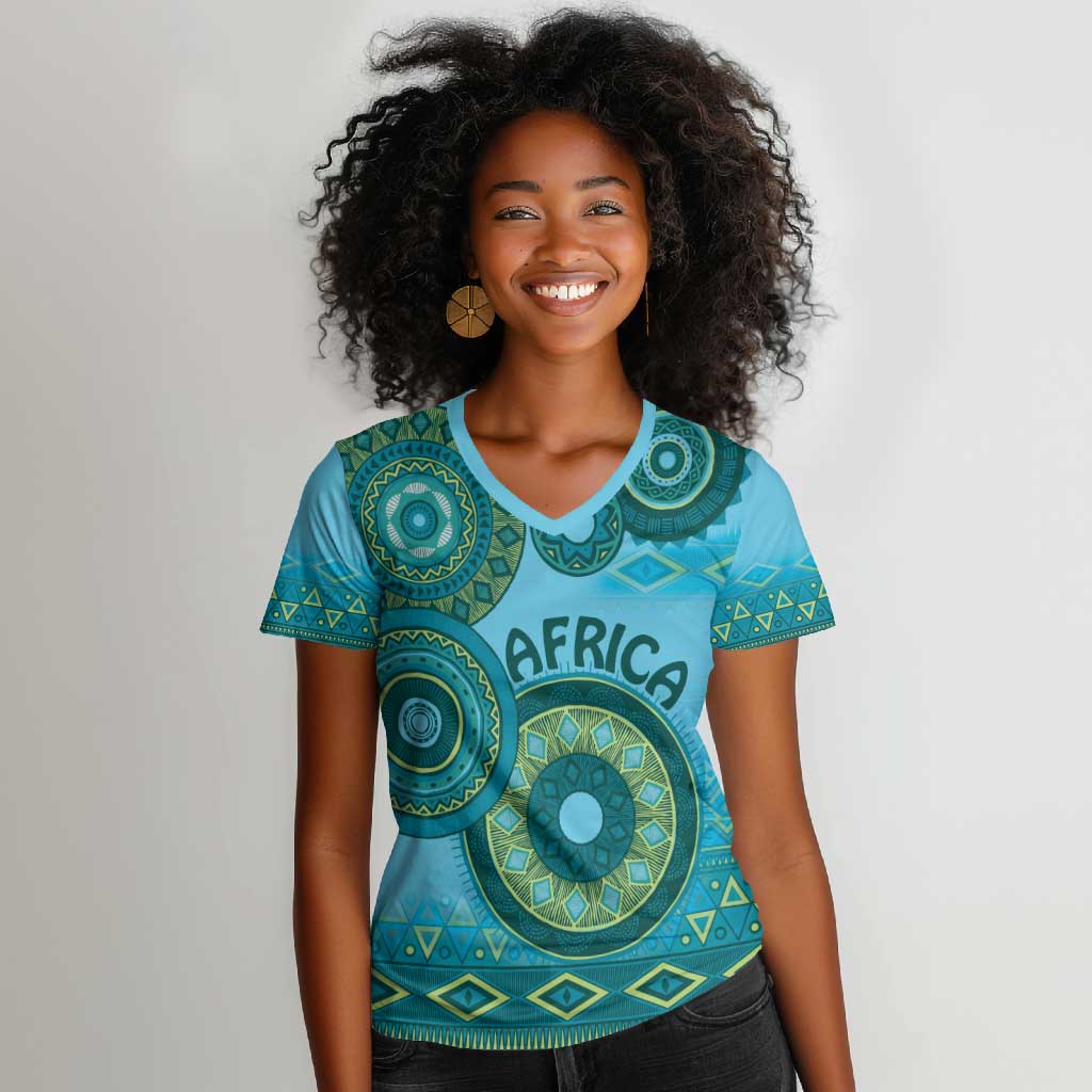 Afro Tribal Traditional Pattern Women V-Neck T-Shirt Blue Motif