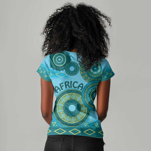 Afro Tribal Traditional Pattern Women V-Neck T-Shirt Blue Motif