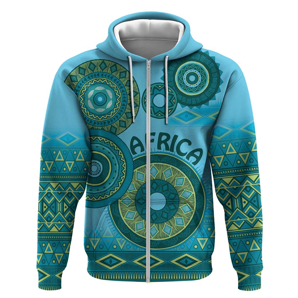 Afro Tribal Traditional Pattern Zip Hoodie Blue Motif