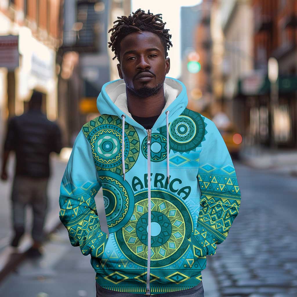 Afro Tribal Traditional Pattern Zip Hoodie Blue Motif
