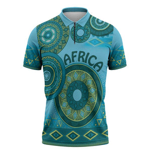 Africa Tribal Traditional Pattern Zipper Polo Shirt Blue Motif