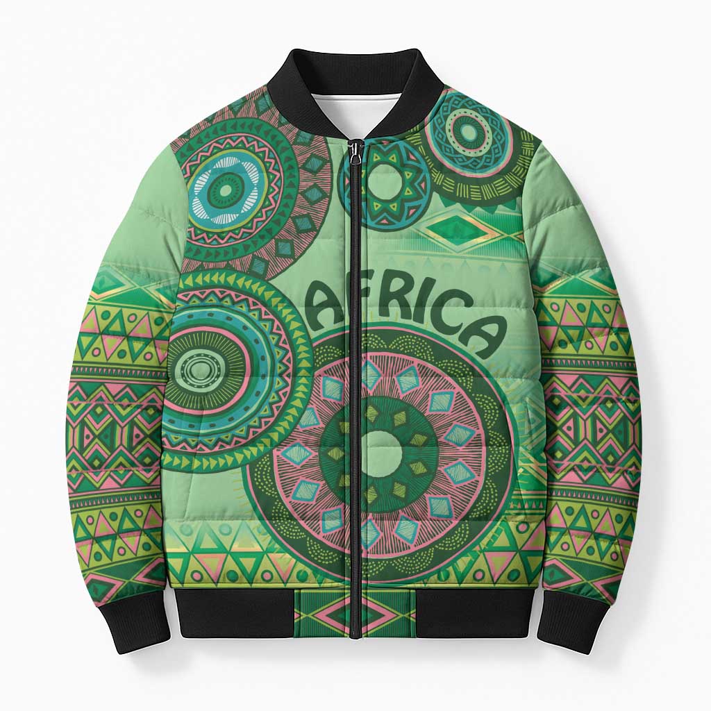 Africa Tribal Traditional Pattern Bomber Puffer Jacket Green Motif