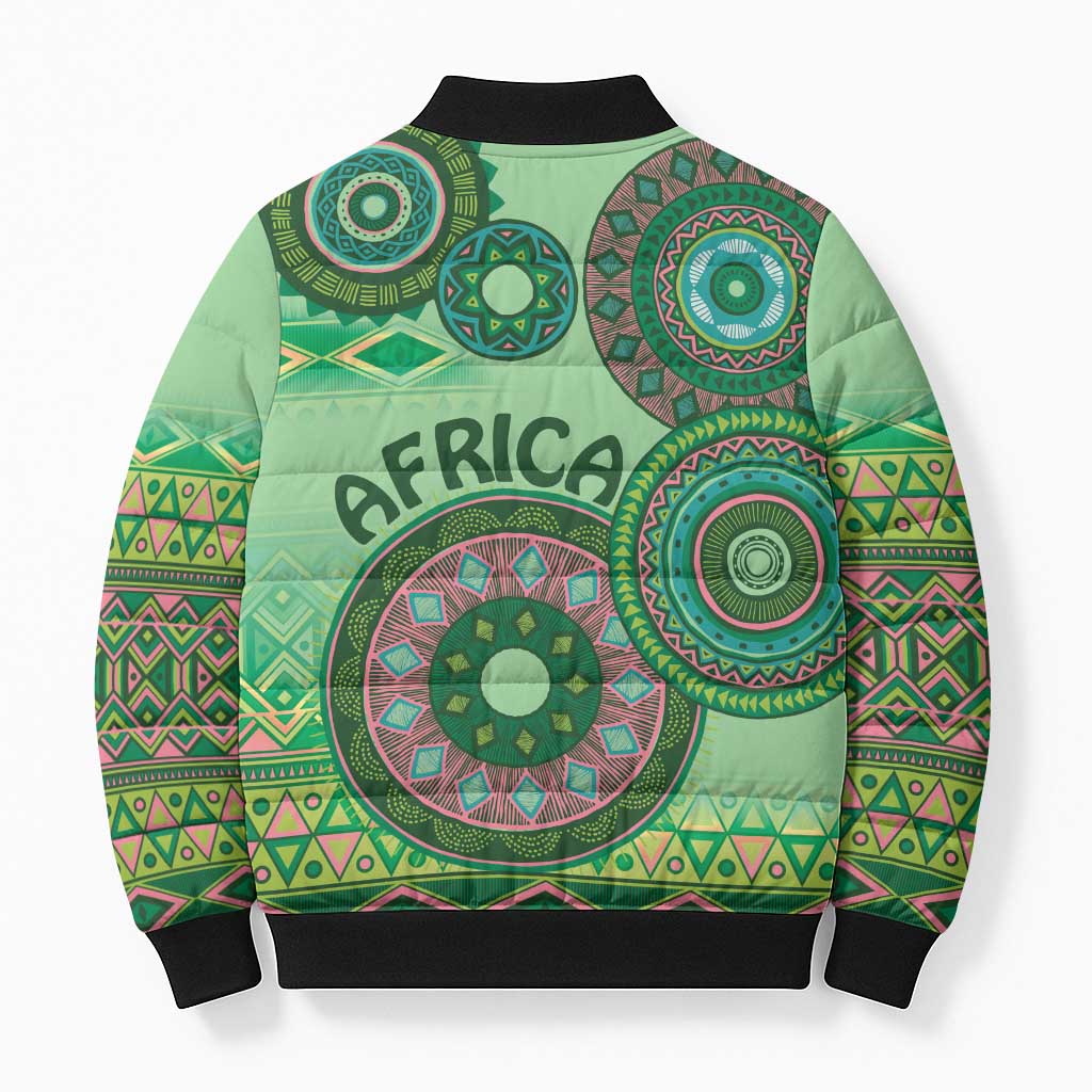 Africa Tribal Traditional Pattern Bomber Puffer Jacket Green Motif