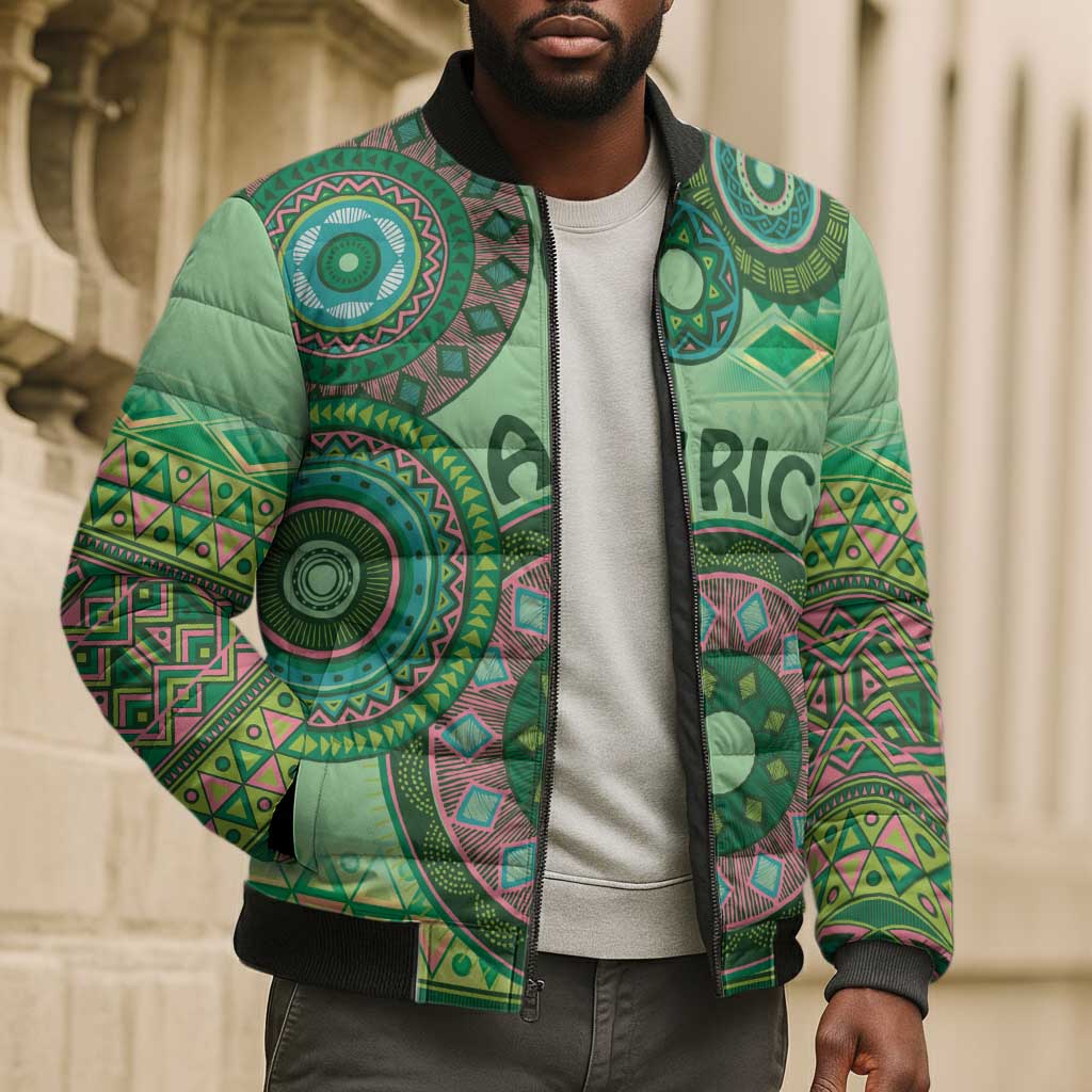 Africa Tribal Traditional Pattern Bomber Puffer Jacket Green Motif