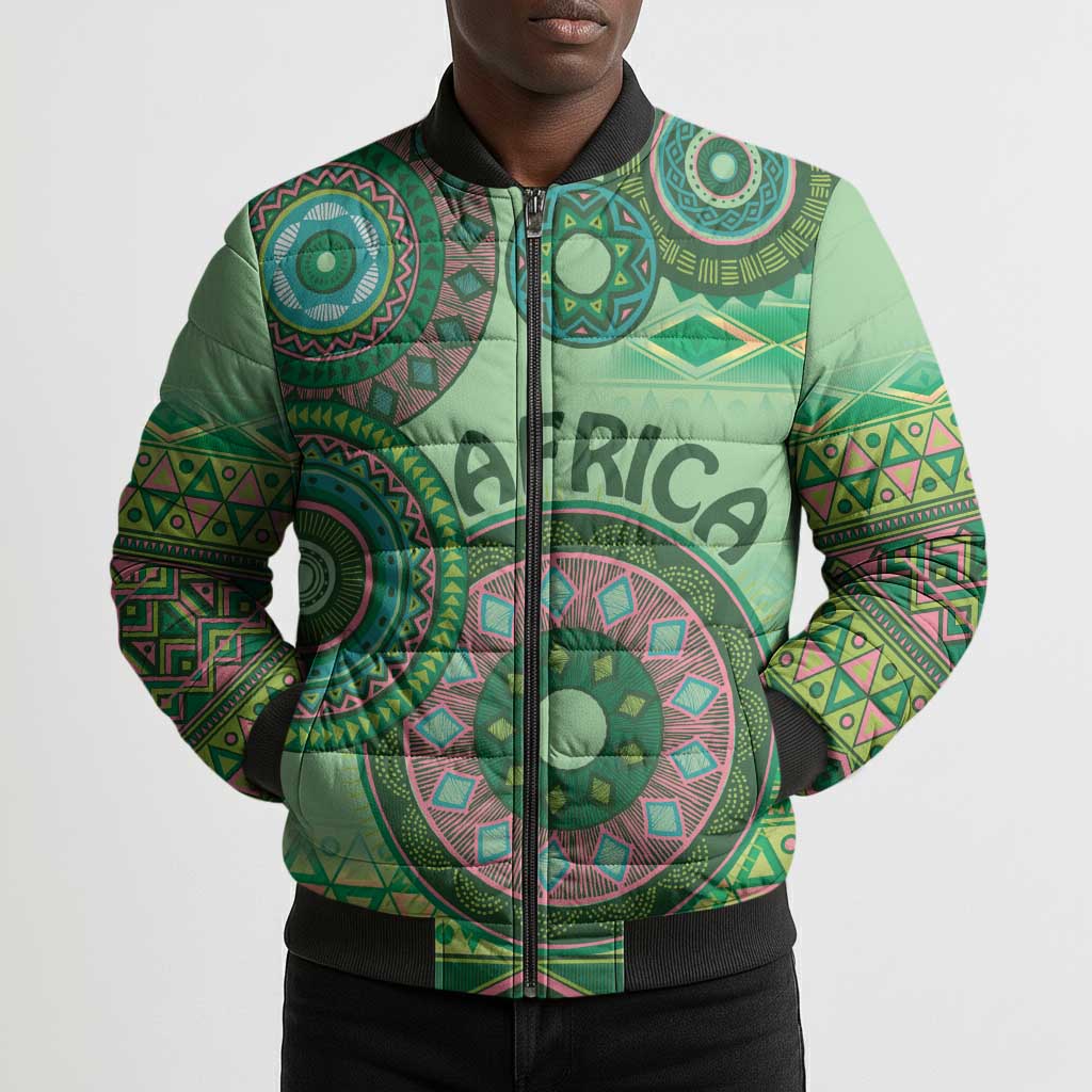 Africa Tribal Traditional Pattern Bomber Puffer Jacket Green Motif