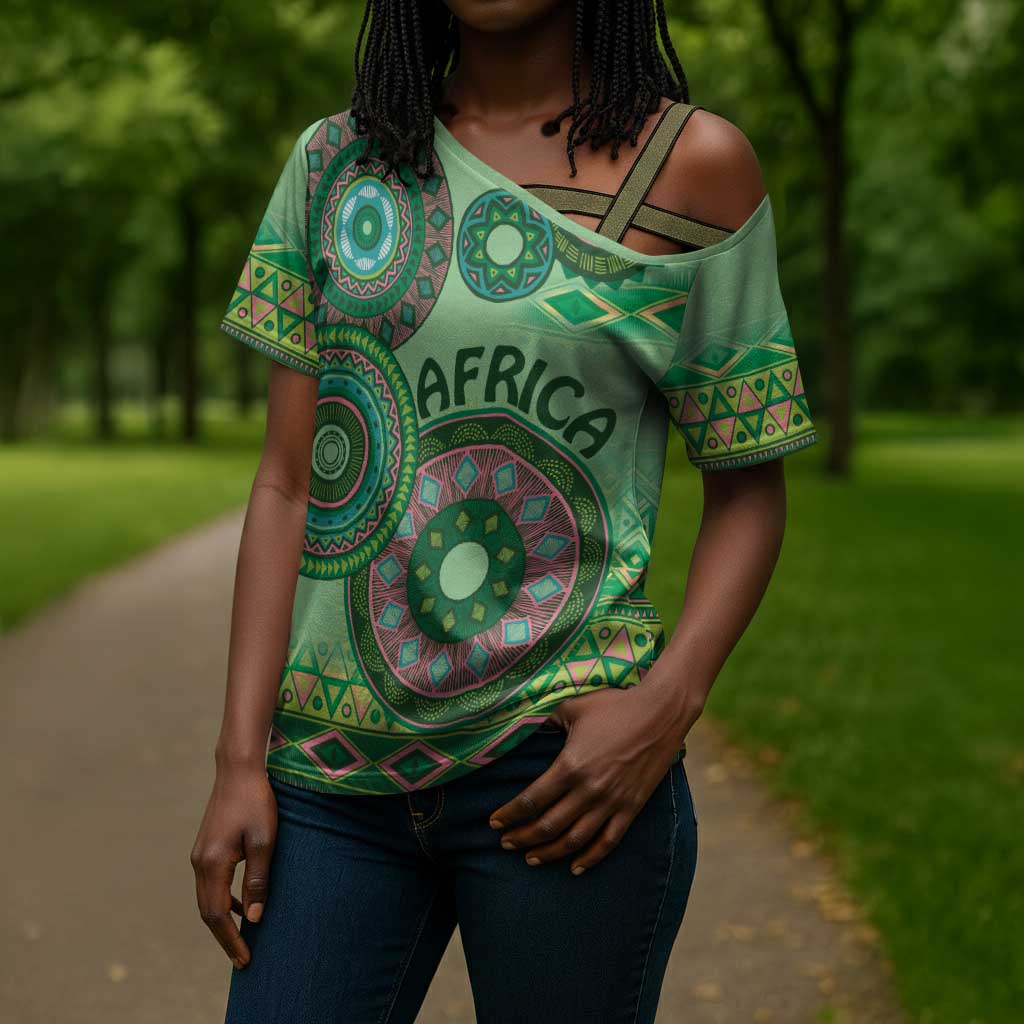 Africa Tribal Traditional Pattern Cross Shoulder Shirt Green Motif