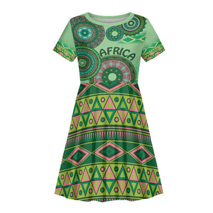 Afro Tribal Traditional Pattern Kid Short Sleeve Dress Green Motif