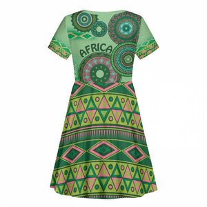 Afro Tribal Traditional Pattern Kid Short Sleeve Dress Green Motif