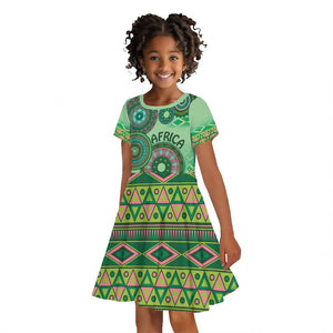 Afro Tribal Traditional Pattern Kid Short Sleeve Dress Green Motif