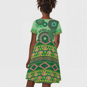 Afro Tribal Traditional Pattern Kid Short Sleeve Dress Green Motif