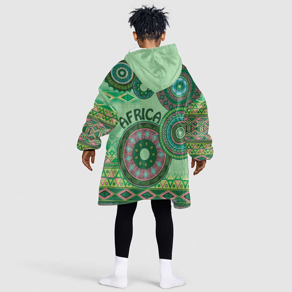 Afro Tribal Traditional Pattern KId Wearable Blanket Hoodie Green Motif