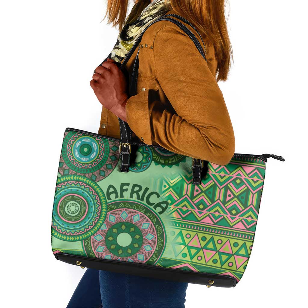 Afro Tribal Traditional Pattern Leather Tote Bag Green Motif