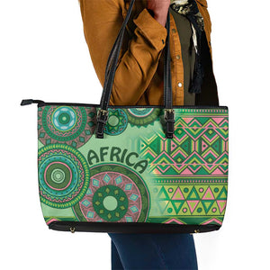 Afro Tribal Traditional Pattern Leather Tote Bag Green Motif