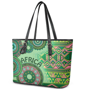 Afro Tribal Traditional Pattern Leather Tote Bag Green Motif