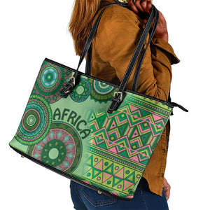 Afro Tribal Traditional Pattern Leather Tote Bag Green Motif