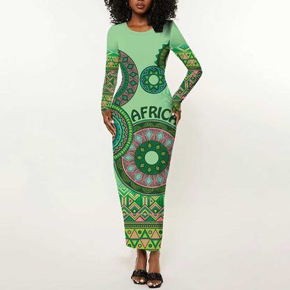Afro Tribal Traditional Pattern Long Sleeve Bodycon Dress Green Motif LT9