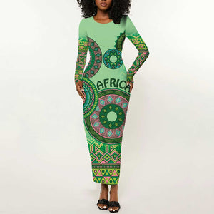 Afro Tribal Traditional Pattern Long Sleeve Bodycon Dress Green Motif