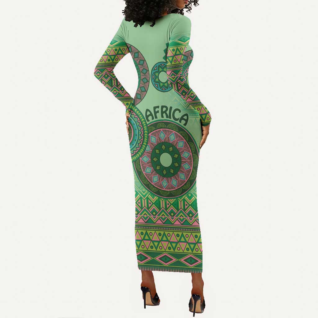Afro Tribal Traditional Pattern Long Sleeve Bodycon Dress Green Motif LT9