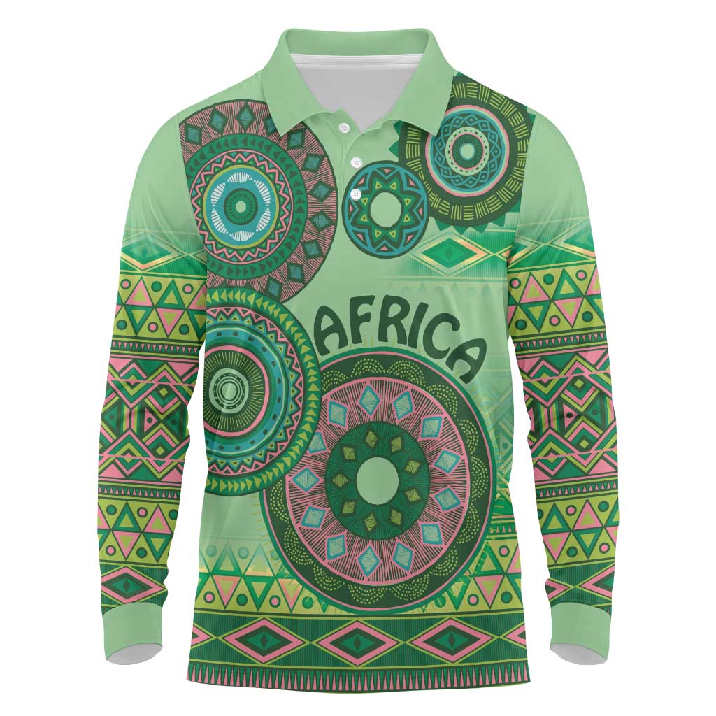 Afro Tribal Traditional Pattern Long Sleeve Polo Shirt Green Motif