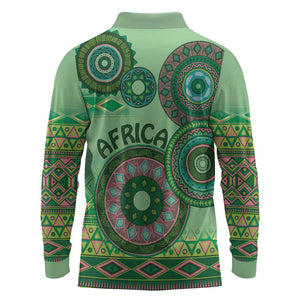 Afro Tribal Traditional Pattern Long Sleeve Polo Shirt Green Motif