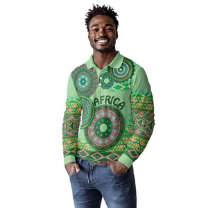 Afro Tribal Traditional Pattern Long Sleeve Polo Shirt Green Motif