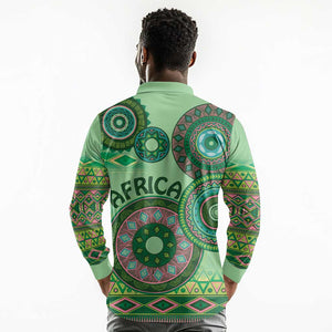 Afro Tribal Traditional Pattern Long Sleeve Polo Shirt Green Motif