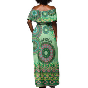 Afro Tribal Traditional Pattern Off Shoulder Maxi Dress Green Motif