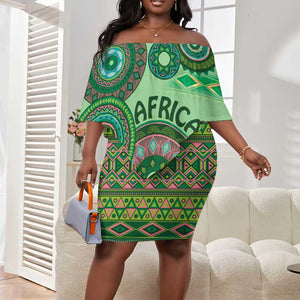 Afro Tribal Traditional Pattern Off Shoulder Short Dress Green Motif