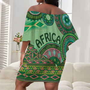 Afro Tribal Traditional Pattern Off Shoulder Short Dress Green Motif