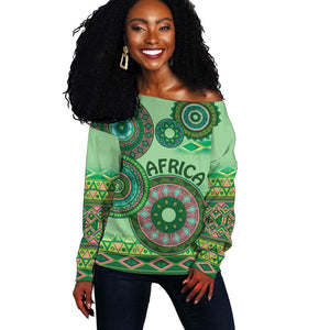 Afro Tribal Traditional Pattern Off Shoulder Sweater Green Motif