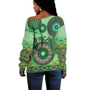 Afro Tribal Traditional Pattern Off Shoulder Sweater Green Motif