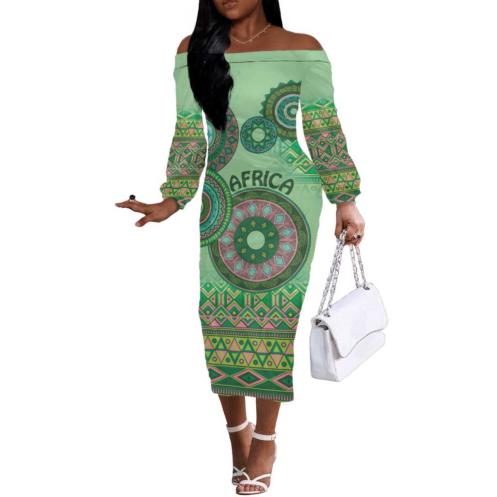 Afro Tribal Traditional Pattern Off The Shoulder Long Sleeve Dress Green Motif