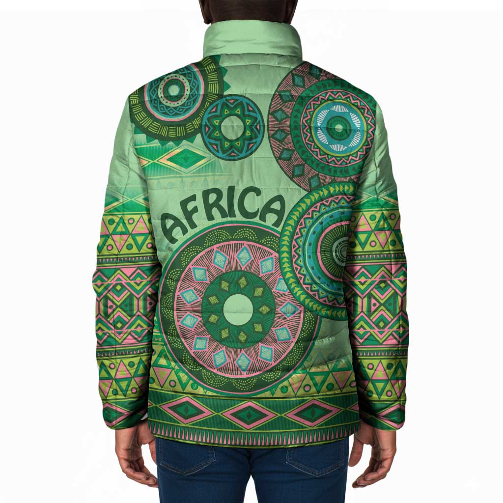 Africa Tribal Traditional Pattern Padded Jacket Green Motif