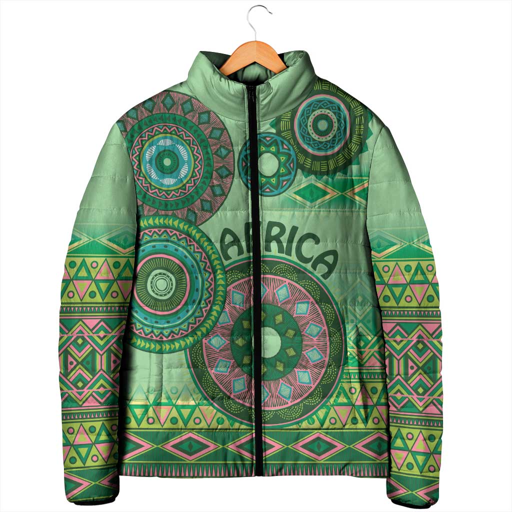 Africa Tribal Traditional Pattern Padded Jacket Green Motif