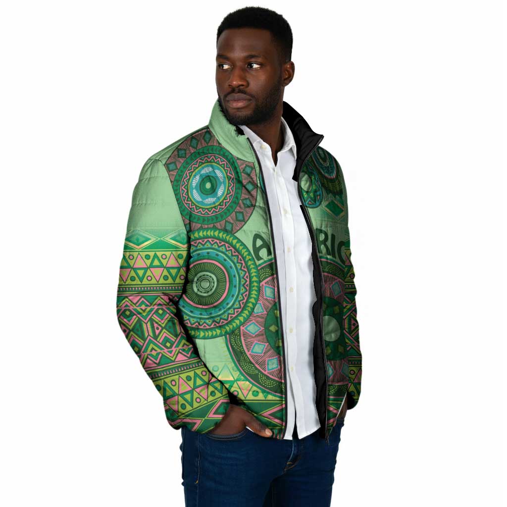 Africa Tribal Traditional Pattern Padded Jacket Green Motif