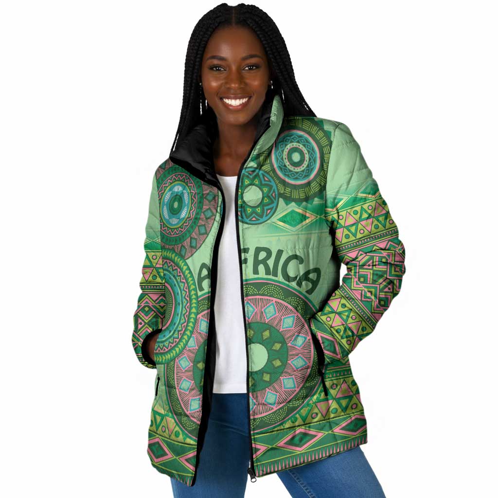Africa Tribal Traditional Pattern Padded Jacket Green Motif