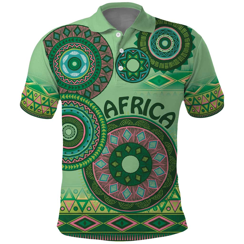 Afro Tribal Traditional Pattern Polo Shirt Green Motif