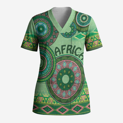 Africa Tribal Traditional Pattern Scrub Top Green Motif