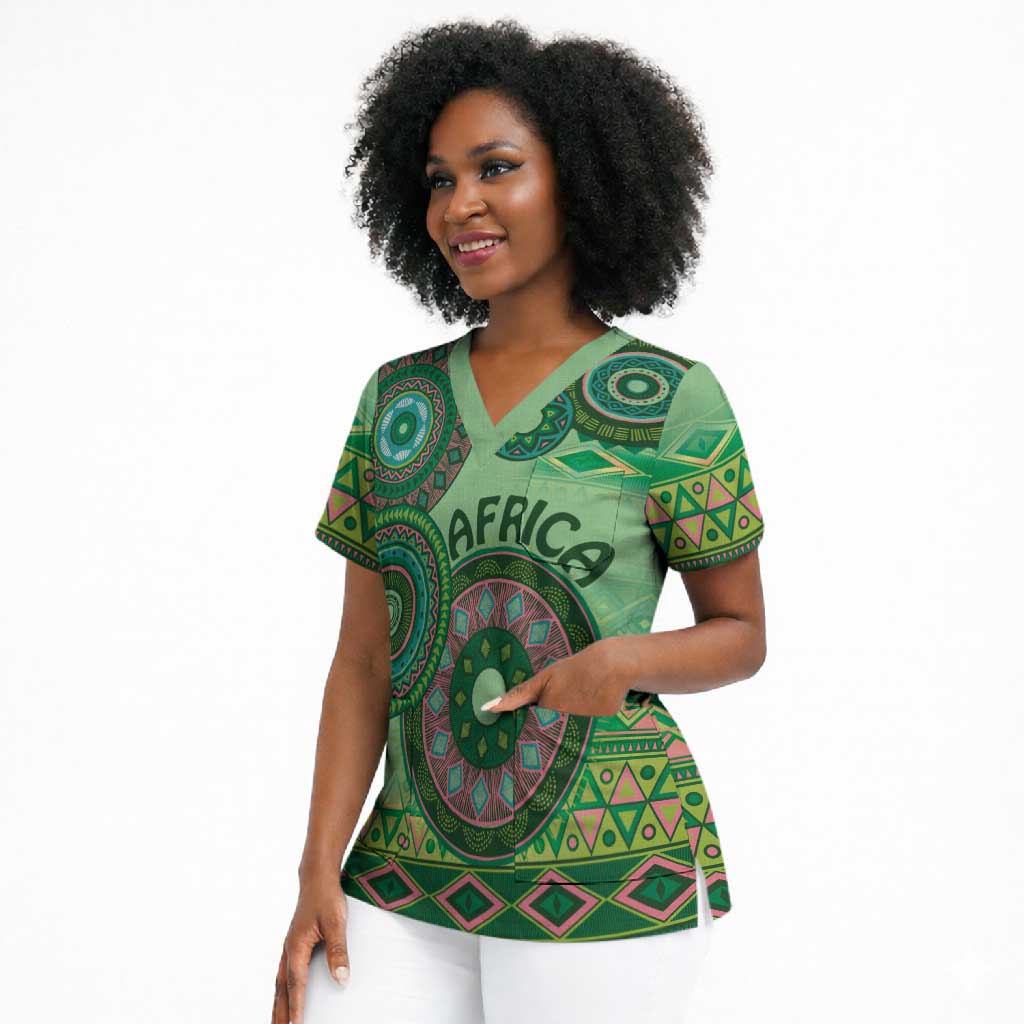 Africa Tribal Traditional Pattern Scrub Top Green Motif