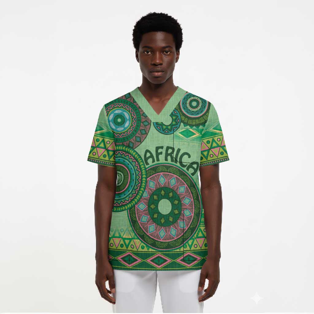 Africa Tribal Traditional Pattern Scrub Top Green Motif