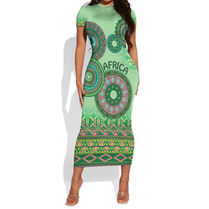 Afro Tribal Traditional Pattern Short Sleeve Bodycon Dress Green Motif