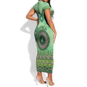 Afro Tribal Traditional Pattern Short Sleeve Bodycon Dress Green Motif