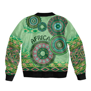 Afro Tribal Traditional Pattern Sleeve Zip Bomber Jacket Green Motif